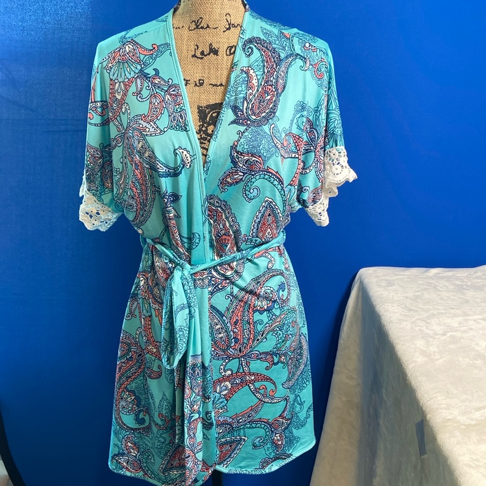 Beautiful! In Bloom by Jonquil Floral Short Wrap Aqua Multi Sz Medium
